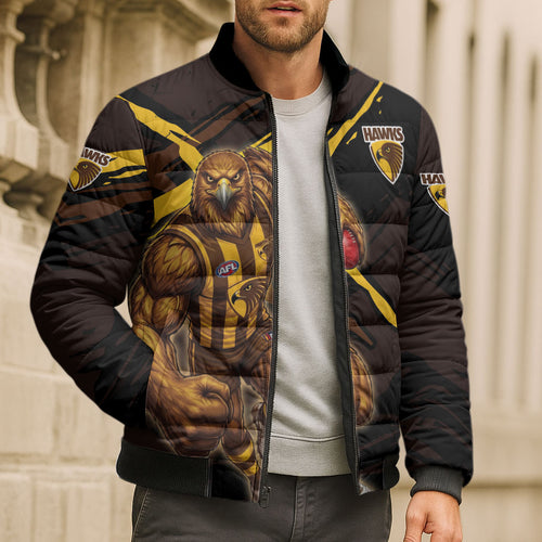 Hawthorn Football Club Bomber Puffer Jacket Hawks Muscular Mascot Graphic - Abstract Paint Splatter Art