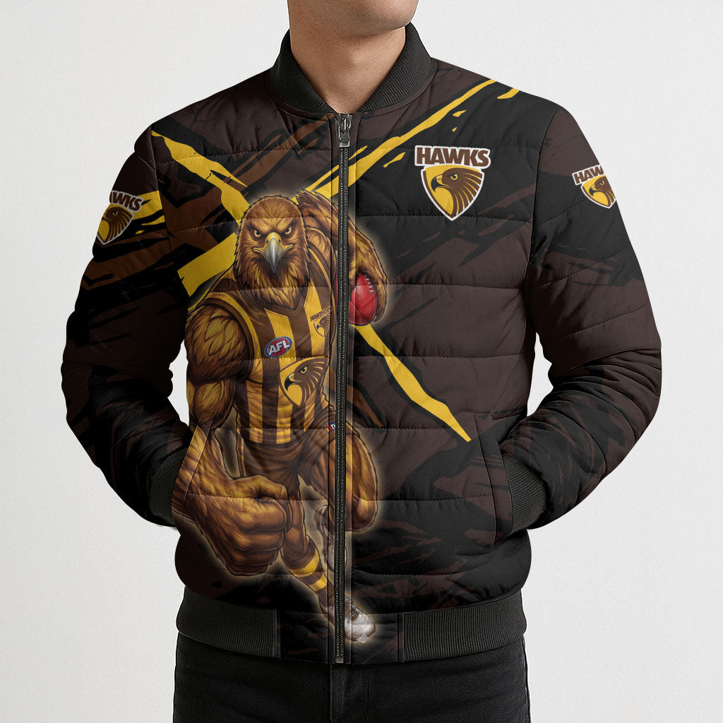 Hawthorn Football Club Bomber Puffer Jacket Hawks Muscular Mascot Graphic - Abstract Paint Splatter Art