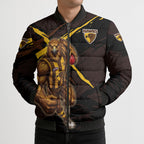 Hawthorn Football Club Bomber Puffer Jacket Hawks Muscular Mascot Graphic - Abstract Paint Splatter Art
