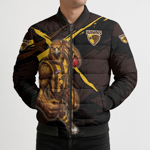 Hawthorn Football Club Bomber Puffer Jacket Hawks Muscular Mascot Graphic - Abstract Paint Splatter Art