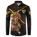Hawthorn Football Club Button Sweatshirt Hawks Muscular Mascot Graphic - Abstract Paint Splatter Art