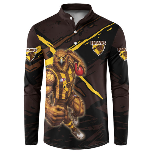Hawthorn Football Club Button Sweatshirt Hawks Muscular Mascot Graphic - Abstract Paint Splatter Art