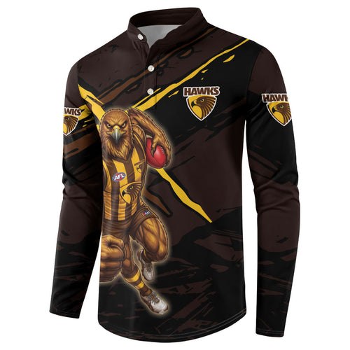 Hawthorn Football Club Button Sweatshirt Hawks Muscular Mascot Graphic - Abstract Paint Splatter Art