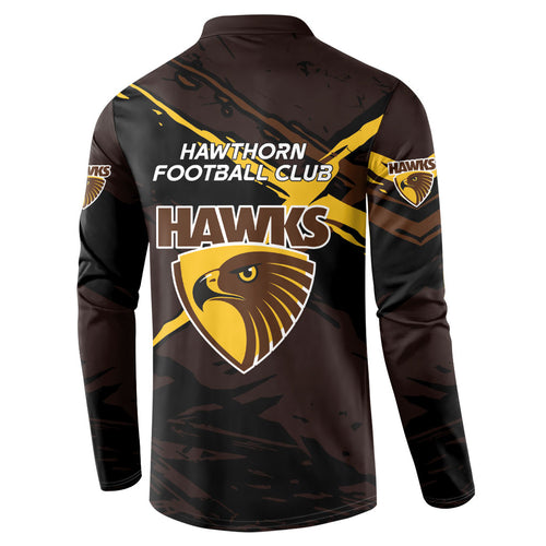 Hawthorn Football Club Button Sweatshirt Hawks Muscular Mascot Graphic - Abstract Paint Splatter Art