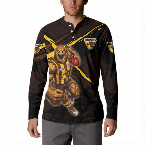 Hawthorn Football Club Button Sweatshirt Hawks Muscular Mascot Graphic - Abstract Paint Splatter Art