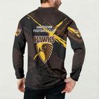 Hawthorn Football Club Button Sweatshirt Hawks Muscular Mascot Graphic - Abstract Paint Splatter Art