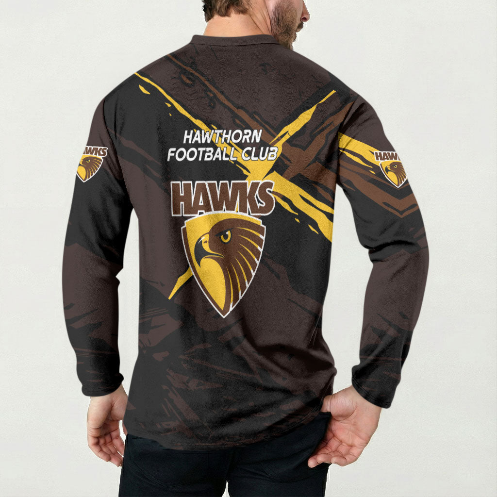 Hawthorn Football Club Button Sweatshirt Hawks Muscular Mascot Graphic - Abstract Paint Splatter Art