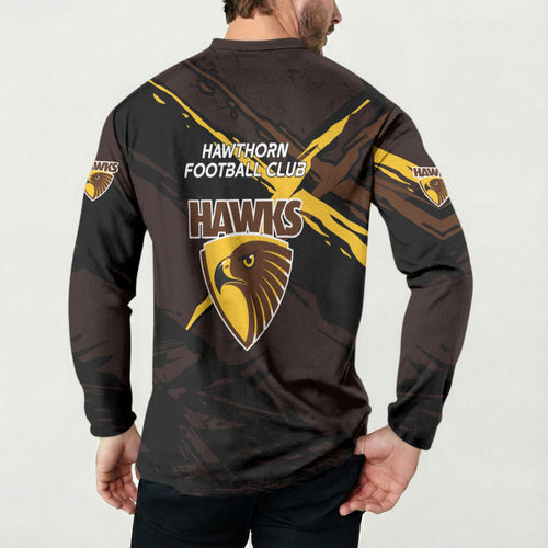 Hawthorn Football Club Button Sweatshirt Hawks Muscular Mascot Graphic - Abstract Paint Splatter Art