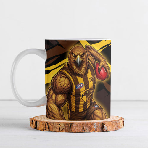 Hawthorn Football Club Ceramic Mug Hawks Muscular Mascot Graphic - Abstract Paint Splatter Art