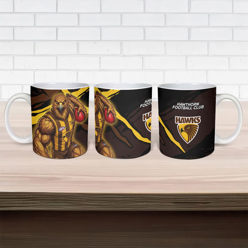 Hawthorn Football Club Ceramic Mug Hawks Muscular Mascot Graphic - Abstract Paint Splatter Art