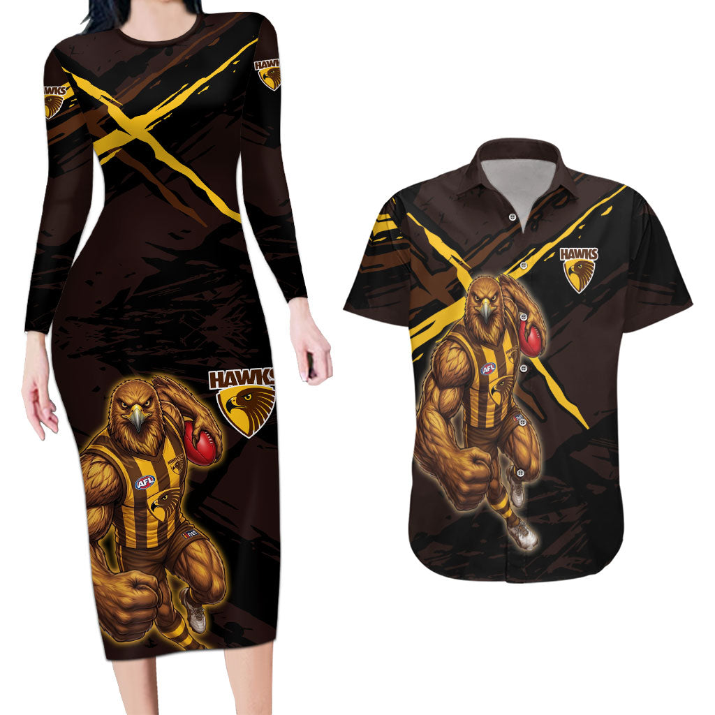 Hawthorn Football Club Couples Matching Long Sleeve Bodycon Dress and Hawaiian Shirt Hawks Muscular Mascot Graphic - Abstract Paint Splatter Art