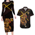 Hawthorn Football Club Couples Matching Long Sleeve Bodycon Dress and Hawaiian Shirt Hawks Muscular Mascot Graphic - Abstract Paint Splatter Art