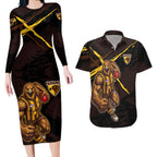 Hawthorn Football Club Couples Matching Long Sleeve Bodycon Dress and Hawaiian Shirt Hawks Muscular Mascot Graphic - Abstract Paint Splatter Art