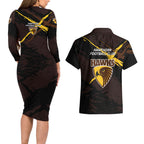 Hawthorn Football Club Couples Matching Long Sleeve Bodycon Dress and Hawaiian Shirt Hawks Muscular Mascot Graphic - Abstract Paint Splatter Art