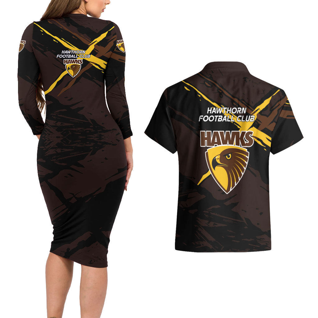 Hawthorn Football Club Couples Matching Long Sleeve Bodycon Dress and Hawaiian Shirt Hawks Muscular Mascot Graphic - Abstract Paint Splatter Art