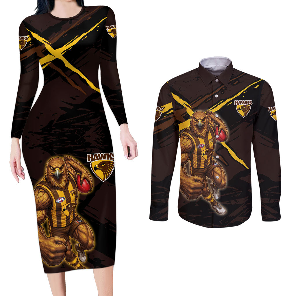 Hawthorn Football Club Couples Matching Long Sleeve Bodycon Dress and Long Sleeve Button Shirt Hawks Muscular Mascot Graphic - Abstract Paint Splatter Art