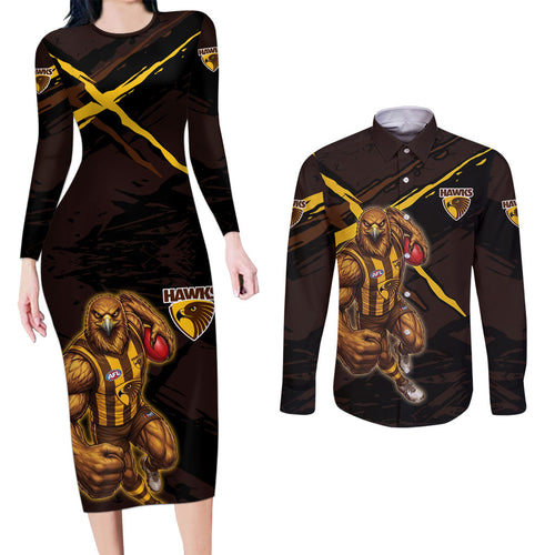 Hawthorn Football Club Couples Matching Long Sleeve Bodycon Dress and Long Sleeve Button Shirt Hawks Muscular Mascot Graphic - Abstract Paint Splatter Art