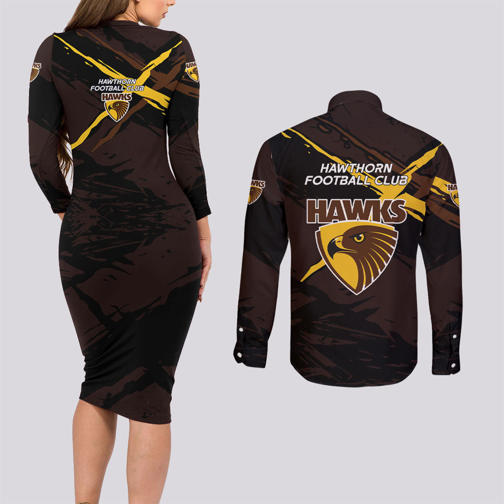 Hawthorn Football Club Couples Matching Long Sleeve Bodycon Dress and Long Sleeve Button Shirt Hawks Muscular Mascot Graphic - Abstract Paint Splatter Art