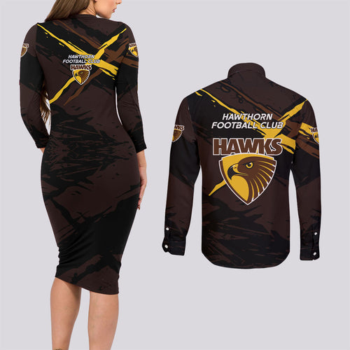 Hawthorn Football Club Couples Matching Long Sleeve Bodycon Dress and Long Sleeve Button Shirt Hawks Muscular Mascot Graphic - Abstract Paint Splatter Art