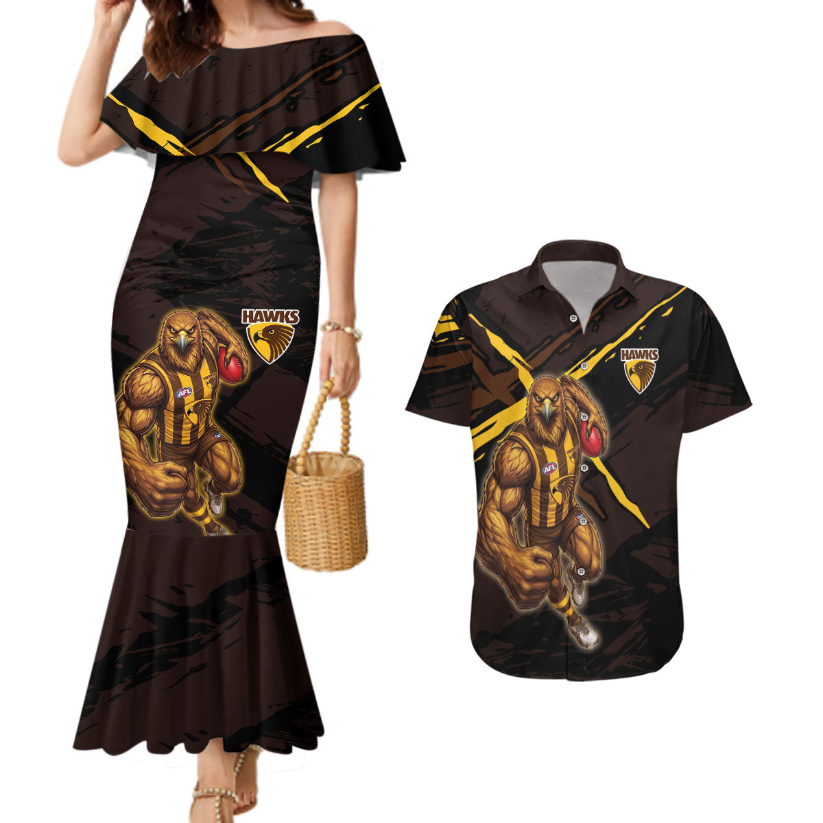 Hawthorn Football Club Couples Matching Mermaid Dress and Hawaiian Shirt Hawks Muscular Mascot Graphic - Abstract Paint Splatter Art