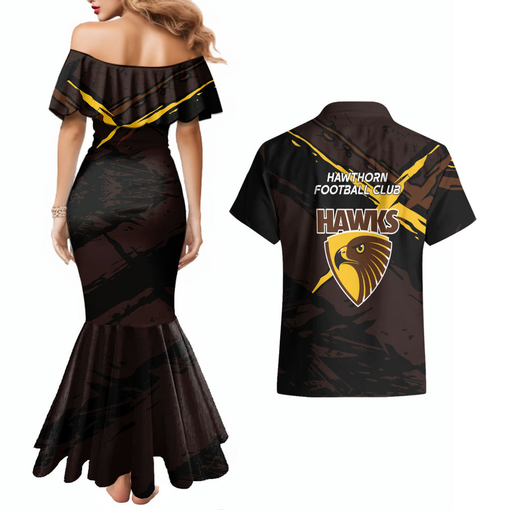 Hawthorn Football Club Couples Matching Mermaid Dress and Hawaiian Shirt Hawks Muscular Mascot Graphic - Abstract Paint Splatter Art