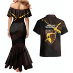 Hawthorn Football Club Couples Matching Mermaid Dress and Hawaiian Shirt Hawks Muscular Mascot Graphic - Abstract Paint Splatter Art