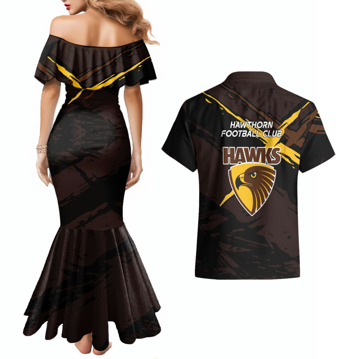Hawthorn Football Club Couples Matching Mermaid Dress and Hawaiian Shirt Hawks Muscular Mascot Graphic - Abstract Paint Splatter Art