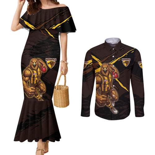 Hawthorn Football Club Couples Matching Mermaid Dress and Long Sleeve Button Shirt Hawks Muscular Mascot Graphic - Abstract Paint Splatter Art