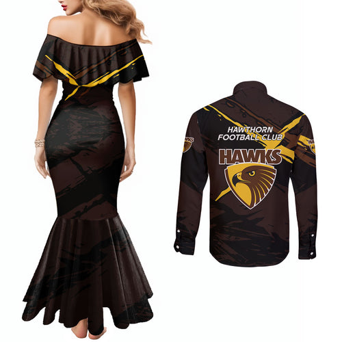Hawthorn Football Club Couples Matching Mermaid Dress and Long Sleeve Button Shirt Hawks Muscular Mascot Graphic - Abstract Paint Splatter Art