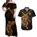 Hawthorn Football Club Couples Matching Off Shoulder Maxi Dress and Hawaiian Shirt Hawks Muscular Mascot Graphic - Abstract Paint Splatter Art