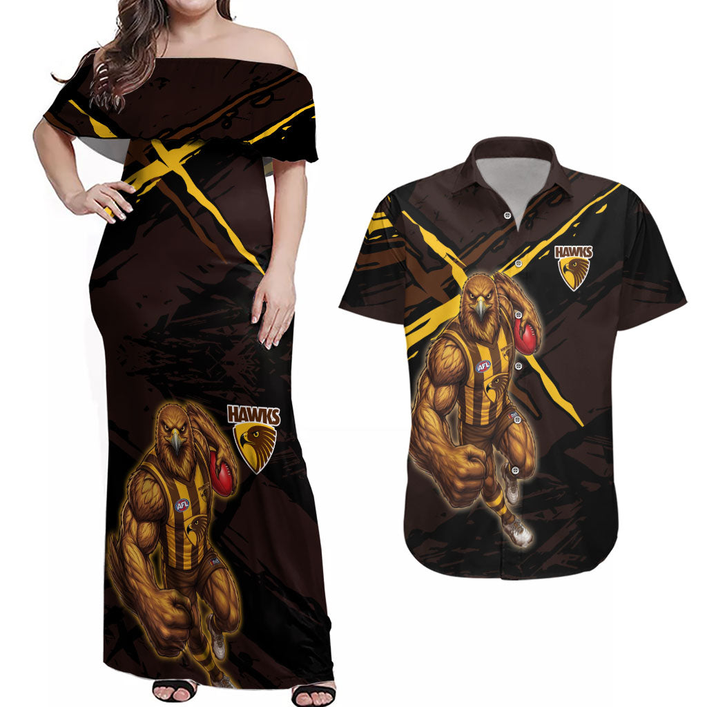 Hawthorn Football Club Couples Matching Off Shoulder Maxi Dress and Hawaiian Shirt Hawks Muscular Mascot Graphic - Abstract Paint Splatter Art
