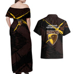 Hawthorn Football Club Couples Matching Off Shoulder Maxi Dress and Hawaiian Shirt Hawks Muscular Mascot Graphic - Abstract Paint Splatter Art
