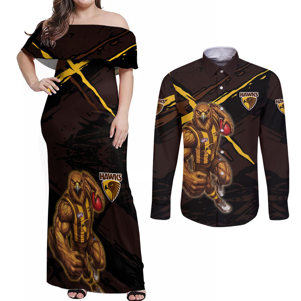 Hawthorn Football Club Couples Matching Off Shoulder Maxi Dress and Long Sleeve Button Shirt Hawks Muscular Mascot Graphic - Abstract Paint Splatter Art