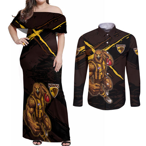 Hawthorn Football Club Couples Matching Off Shoulder Maxi Dress and Long Sleeve Button Shirt Hawks Muscular Mascot Graphic - Abstract Paint Splatter Art