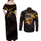 Hawthorn Football Club Couples Matching Off Shoulder Maxi Dress and Long Sleeve Button Shirt Hawks Muscular Mascot Graphic - Abstract Paint Splatter Art