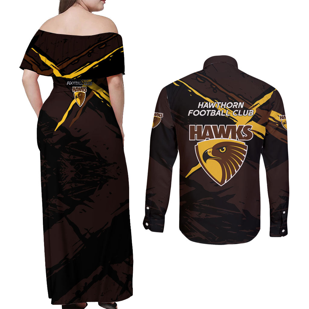 Hawthorn Football Club Couples Matching Off Shoulder Maxi Dress and Long Sleeve Button Shirt Hawks Muscular Mascot Graphic - Abstract Paint Splatter Art