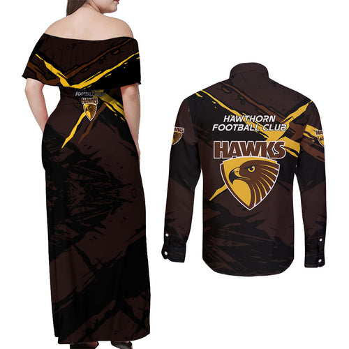 Hawthorn Football Club Couples Matching Off Shoulder Maxi Dress and Long Sleeve Button Shirt Hawks Muscular Mascot Graphic - Abstract Paint Splatter Art
