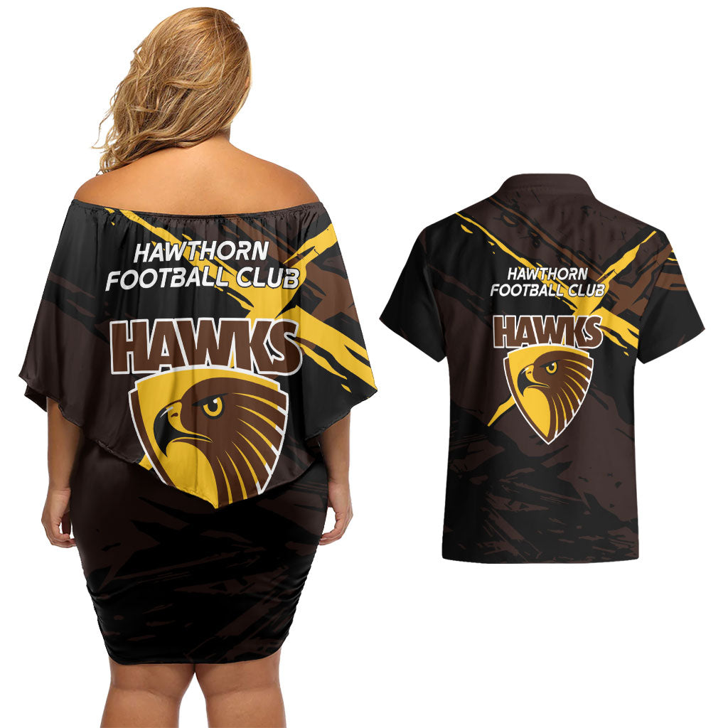 Hawthorn Football Club Couples Matching Off Shoulder Short Dress and Hawaiian Shirt Hawks Muscular Mascot Graphic - Abstract Paint Splatter Art