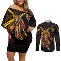 Hawthorn Football Club Couples Matching Off Shoulder Short Dress and Long Sleeve Button Shirt Hawks Muscular Mascot Graphic - Abstract Paint Splatter Art