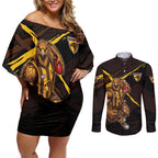 Hawthorn Football Club Couples Matching Off Shoulder Short Dress and Long Sleeve Button Shirt Hawks Muscular Mascot Graphic - Abstract Paint Splatter Art
