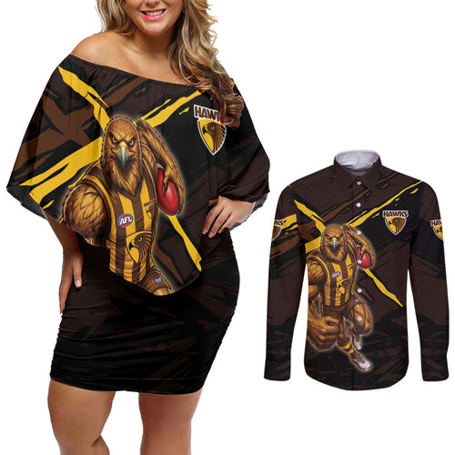 Hawthorn Football Club Couples Matching Off Shoulder Short Dress and Long Sleeve Button Shirt Hawks Muscular Mascot Graphic - Abstract Paint Splatter Art