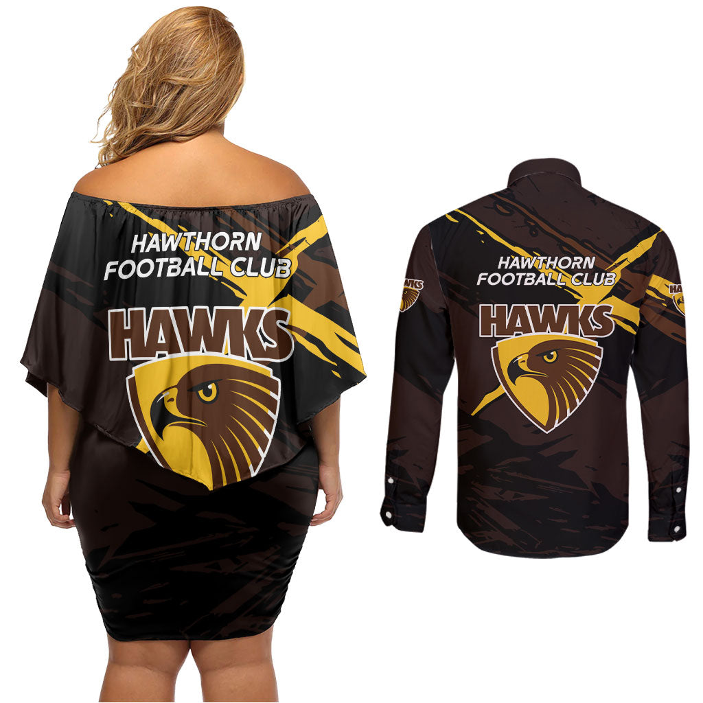 Hawthorn Football Club Couples Matching Off Shoulder Short Dress and Long Sleeve Button Shirt Hawks Muscular Mascot Graphic - Abstract Paint Splatter Art