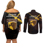 Hawthorn Football Club Couples Matching Off Shoulder Short Dress and Long Sleeve Button Shirt Hawks Muscular Mascot Graphic - Abstract Paint Splatter Art
