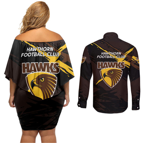 Hawthorn Football Club Couples Matching Off Shoulder Short Dress and Long Sleeve Button Shirt Hawks Muscular Mascot Graphic - Abstract Paint Splatter Art