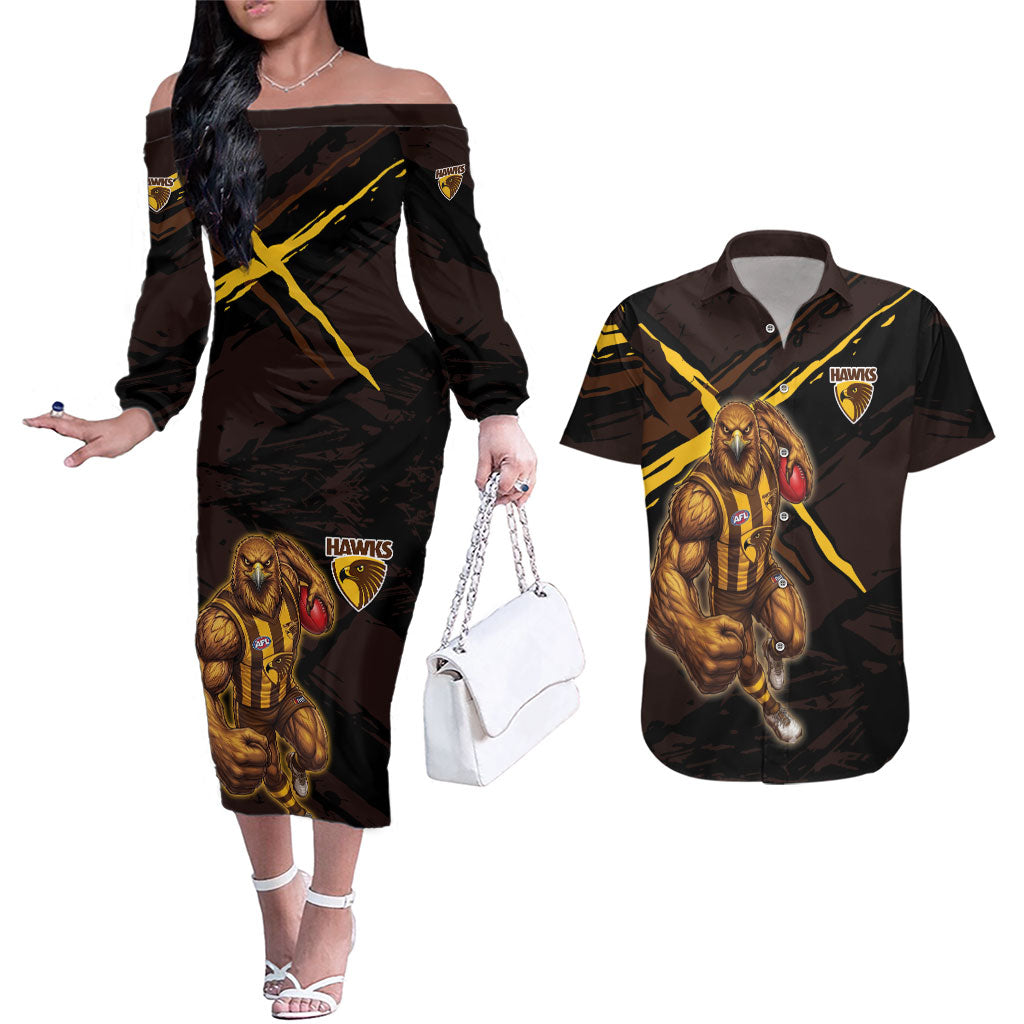 Hawthorn Football Club Couples Matching Off The Shoulder Long Sleeve Dress and Hawaiian Shirt Hawks Muscular Mascot Graphic - Abstract Paint Splatter Art