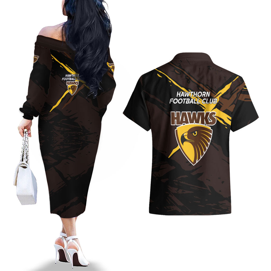 Hawthorn Football Club Couples Matching Off The Shoulder Long Sleeve Dress and Hawaiian Shirt Hawks Muscular Mascot Graphic - Abstract Paint Splatter Art