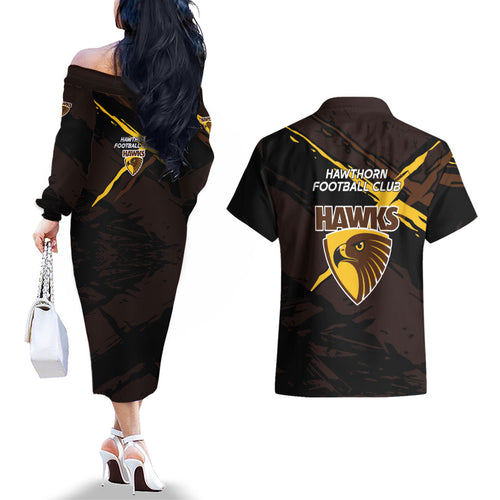Hawthorn Football Club Couples Matching Off The Shoulder Long Sleeve Dress and Hawaiian Shirt Hawks Muscular Mascot Graphic - Abstract Paint Splatter Art