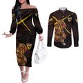 Hawthorn Football Club Couples Matching Off The Shoulder Long Sleeve Dress and Long Sleeve Button Shirt Hawks Muscular Mascot Graphic - Abstract Paint Splatter Art
