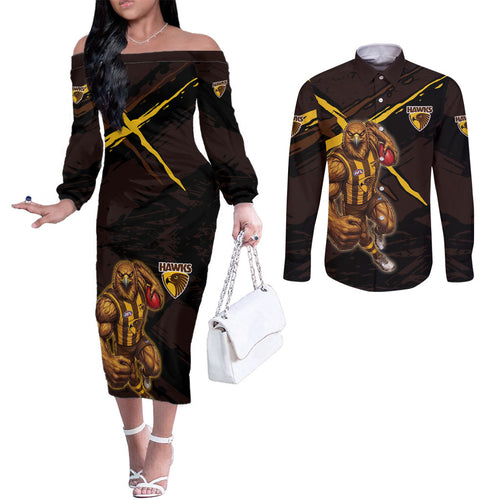 Hawthorn Football Club Couples Matching Off The Shoulder Long Sleeve Dress and Long Sleeve Button Shirt Hawks Muscular Mascot Graphic - Abstract Paint Splatter Art