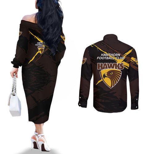 Hawthorn Football Club Couples Matching Off The Shoulder Long Sleeve Dress and Long Sleeve Button Shirt Hawks Muscular Mascot Graphic - Abstract Paint Splatter Art